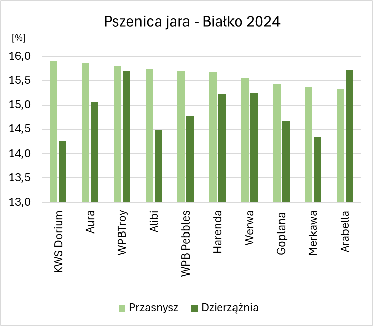 Wykres przedstawia zawartość białka w 10 badanych odmianach pszenicy jarej w 2 gospodarstwach rolnych położonych w gminie Przasnysz i Dzierzążnia w 2024 roku. Zawartość białka w ziarnie pszenicy jarej dla badanych odmian i gospodarstw mieściła się w przedziale od 14,3% do 15,9%. Obserwowano różnice w zawartości białka pomiędzy 2 gospodarstwami. Najwyższa różnica wystąpiła dla odmiany KWS Dorium, dla której zawartość białka w gminie Przasnysz była wyższa o 1,6%. Odmianami których zawartość białka w gminie Przasnysz była większa o co najmniej 1,0% są również Alibi i Merkawa. Większość odmian posiadała wyższą zawartość białka w ziarnie zebranym w gminie Przasnysz. Wyższą zawartość białka w gminie Dzierzążnia obserwowano natomiast jedynie dla odmiany Arabella.